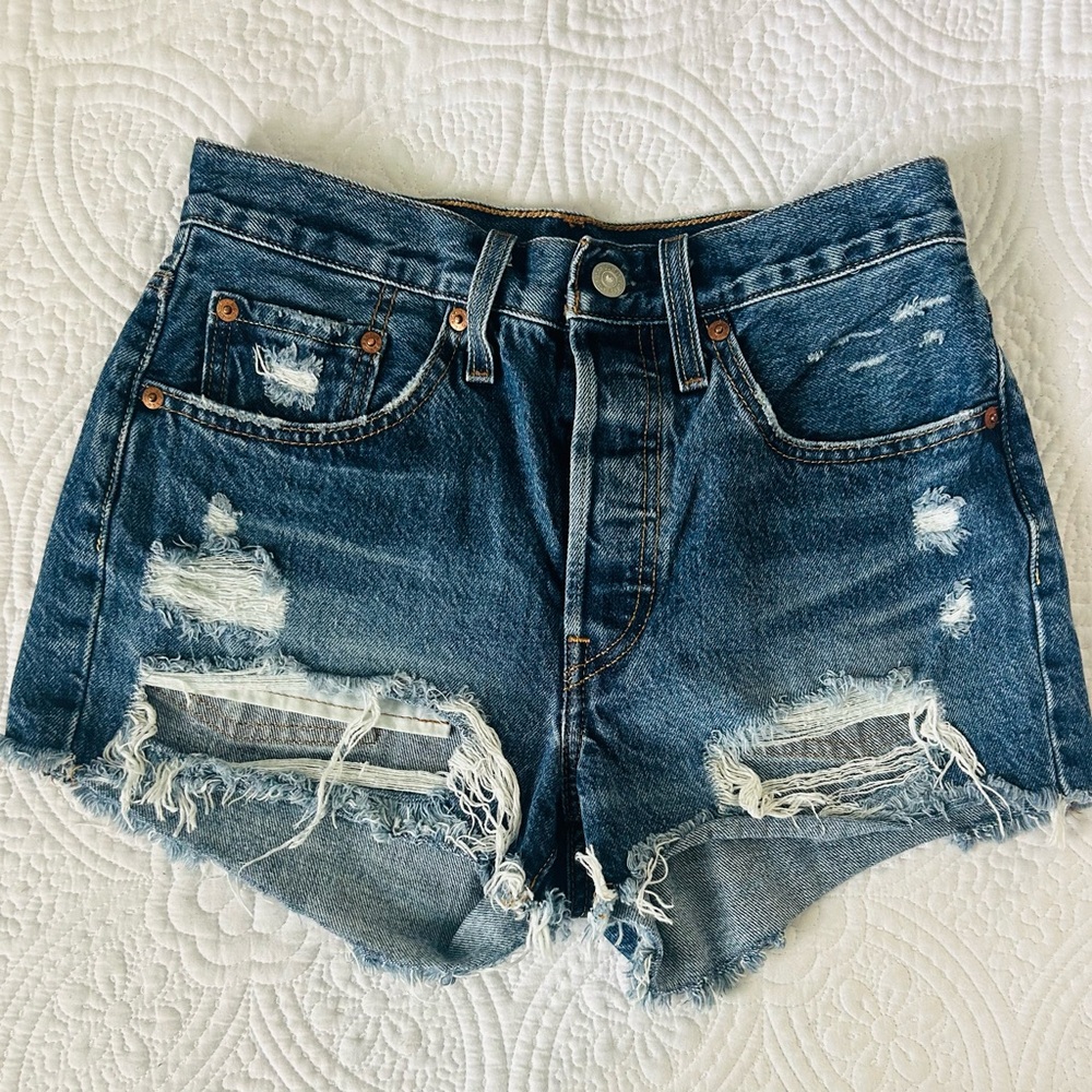Levi's Dark Blue Distressed Denim Cutoff Shorts